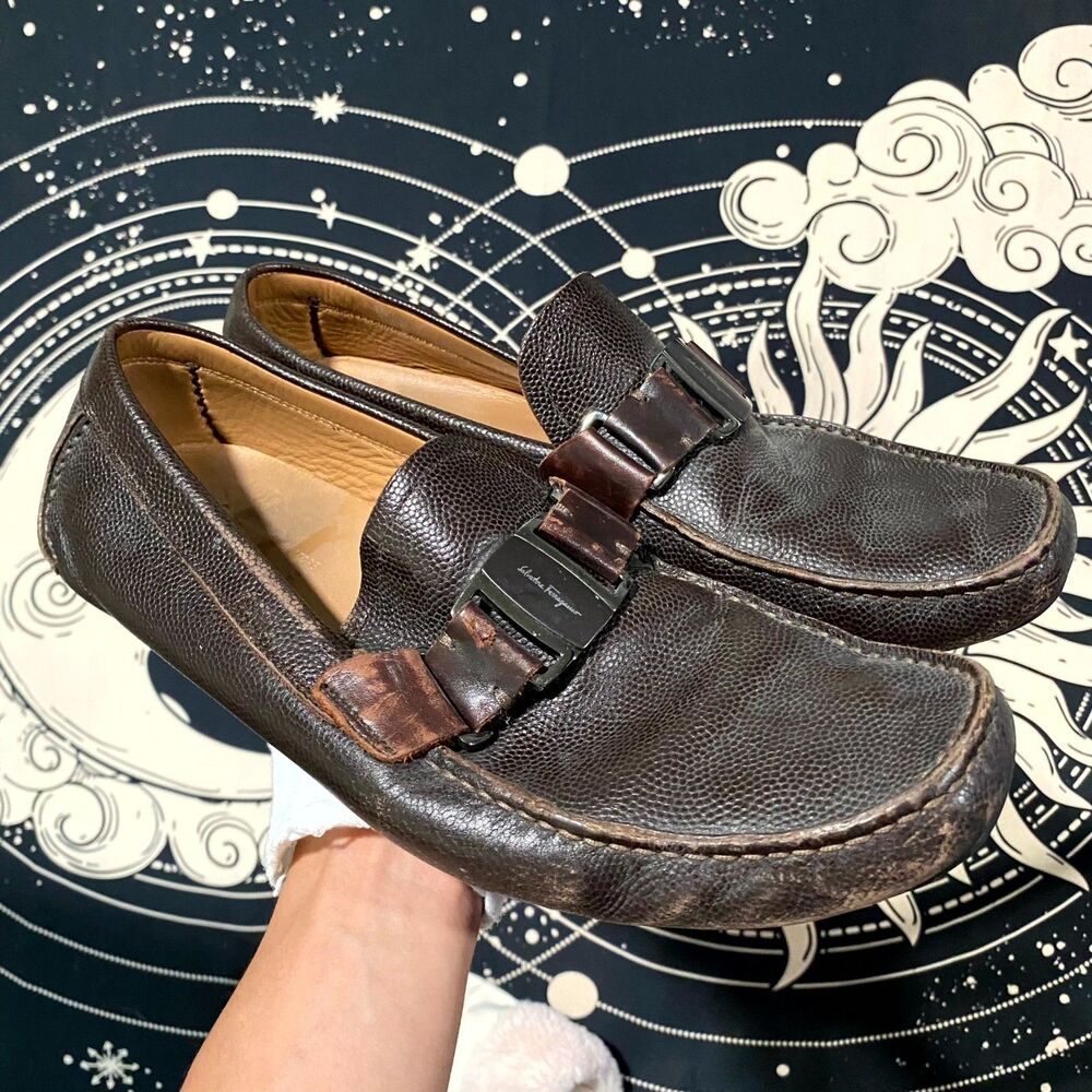 Salvatore Ferragamo Moccasin Shoes Men's 10EE Brown Nubuck Driving Preppy Loafer
